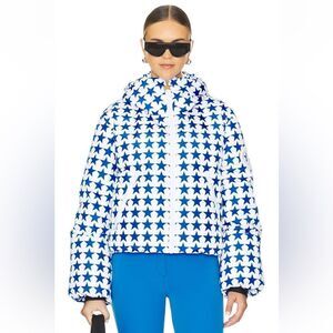 Goldbergh Olympe Goose Down Puffer Ski Jacket NWT US 12 Large White Blue Stars